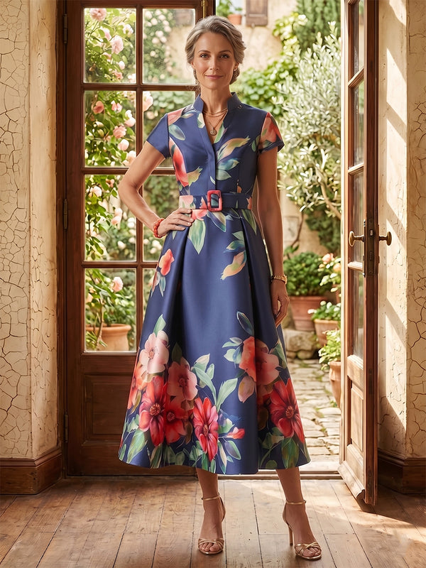 Jacquard Satin A Line Short Sleeves Stand Collar Tea Length Mother of the Bride Dresses