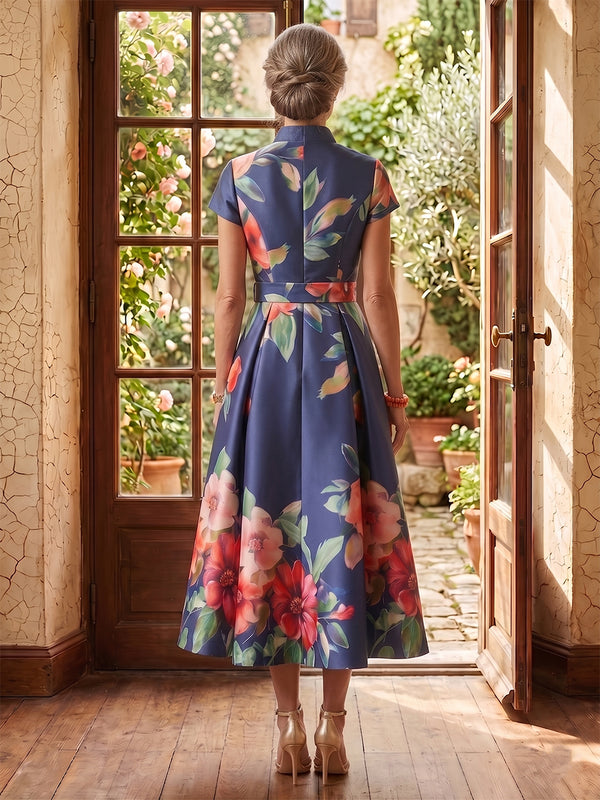 Jacquard Satin A Line Short Sleeves Stand Collar Tea Length Mother of the Bride Dresses
