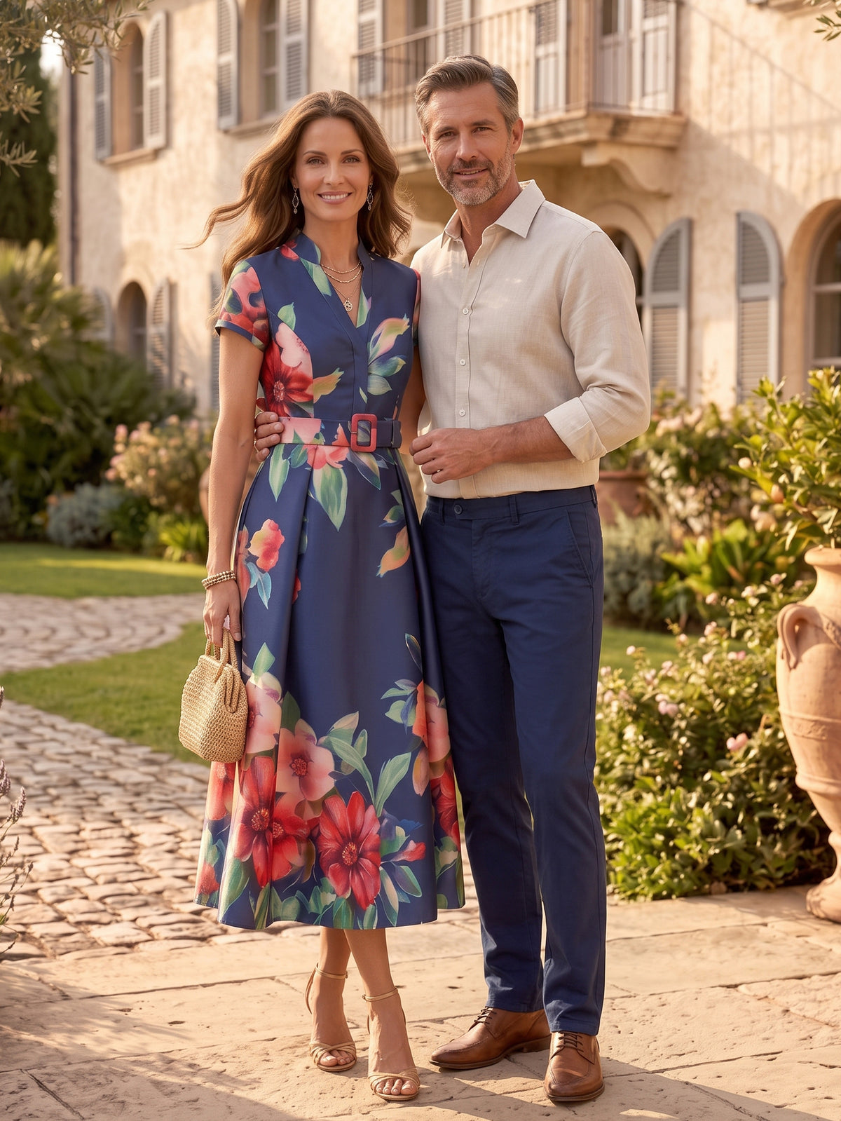 Jacquard Satin A Line Short Sleeves Stand Collar Tea Length Mother of the Bride Dresses
