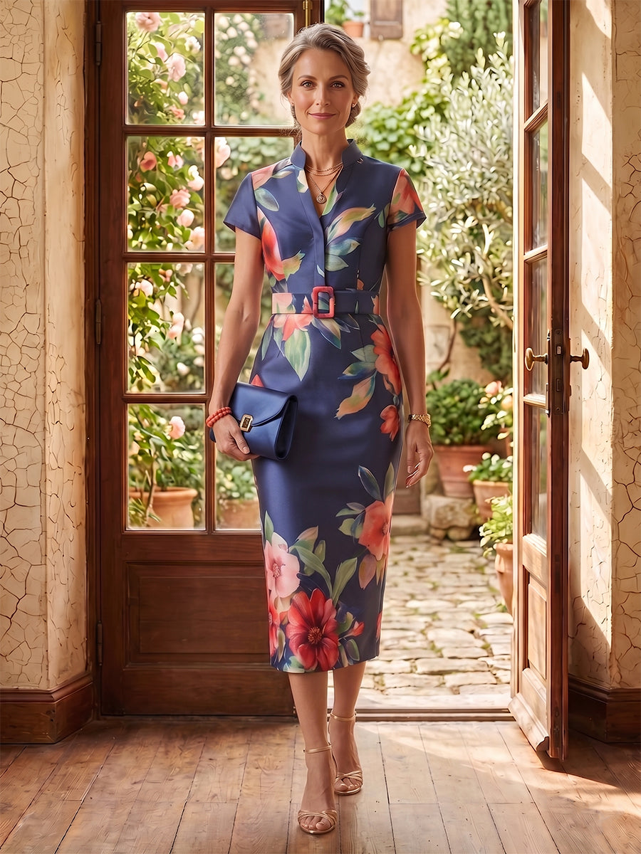 Floral Satin V Neck Short Sleeves Mermaid Tea Length Mother of the Bride Dresses