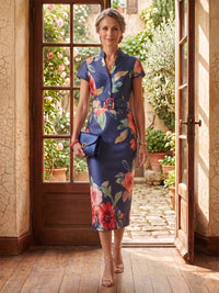 Floral Satin V Neck Short Sleeves Mermaid Tea Length Mother of the Bride Dresses