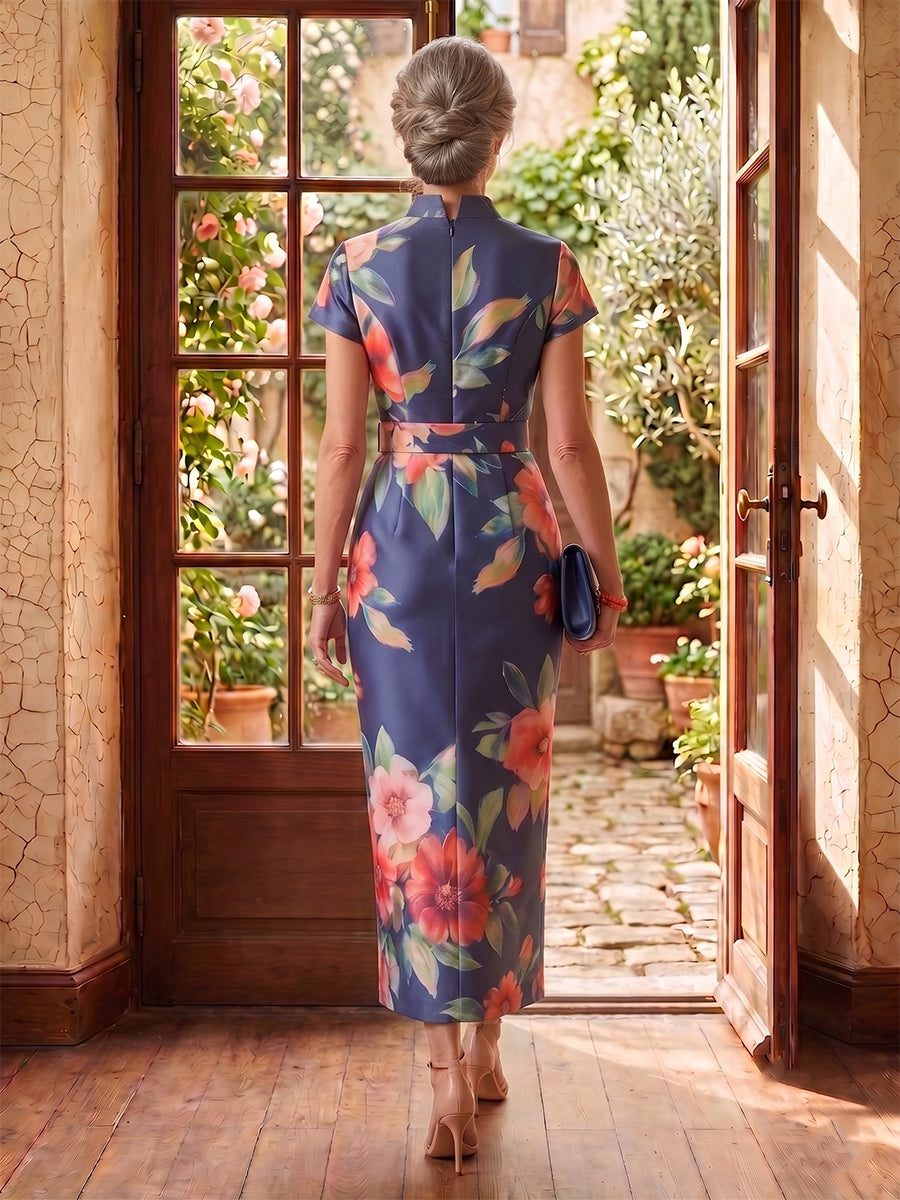 Floral Satin V Neck Short Sleeves Mermaid Tea Length Mother of the Bride Dresses