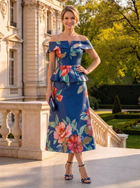 Jacquard Satin Off the Shoulder Mermaid Tea Length Mother of the Bride Dresses