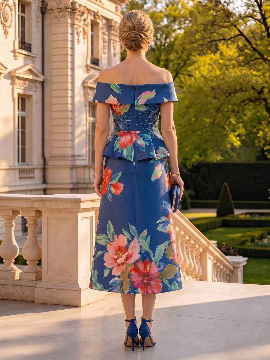 Jacquard Satin Off the Shoulder Mermaid Tea Length Mother of the Bride Dresses