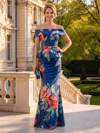 Jacquard Satin Off the Shoulder Mermaid Floor Length Mother of the Bride Dresses