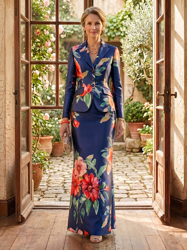 2 Pieces Jacquard Satin Long Sleeves Mermaid Floor Length Mother of the Bride Dresses