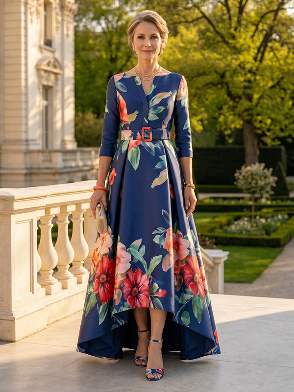 Jacquard Satin A Line Long Sleeves V Neck Floor Length Mother of the Bride Dresses
