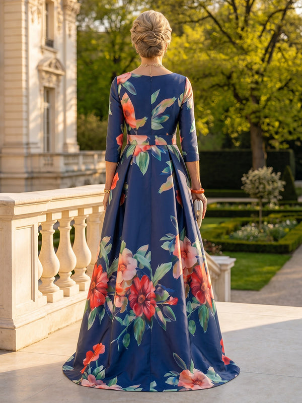 Jacquard Satin A Line Long Sleeves V Neck Floor Length Mother of the Bride Dresses