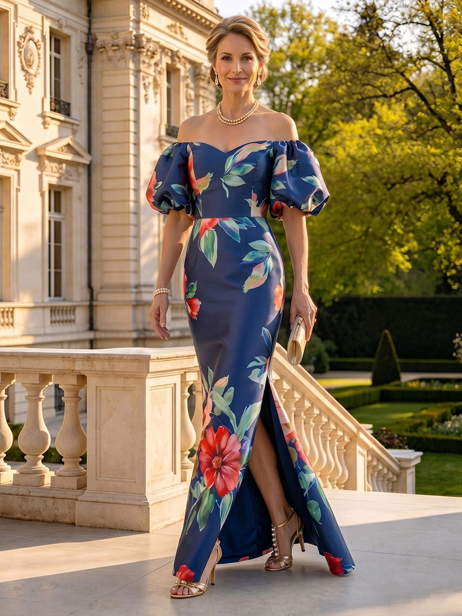 Jacquard Satin Off the Shoulder Short Sleeves Mermaid Floor Length Mother of the Bride Dresses