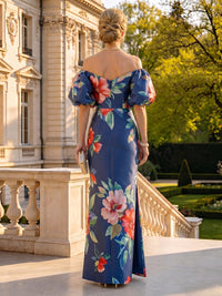 Jacquard Satin Off the Shoulder Short Sleeves Mermaid Floor Length Mother of the Bride Dresses