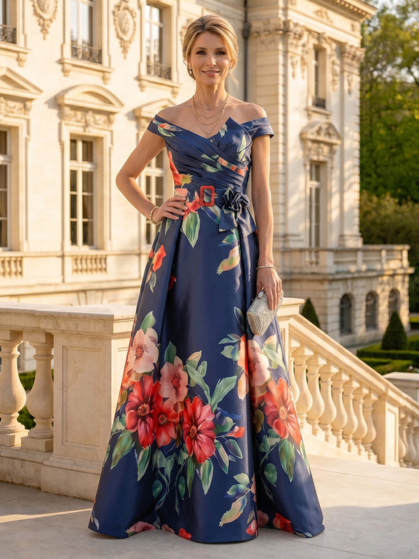 Jacquard Satin Off the Shoulder Sleeveless Mermaid Floor Length Mother of the Bride Dresses