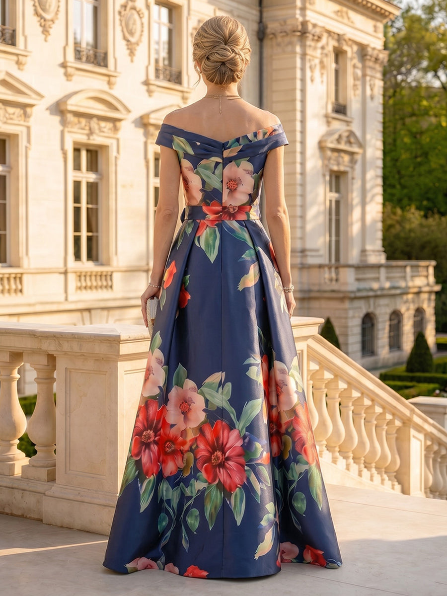 Jacquard Satin Off the Shoulder Sleeveless Mermaid Floor Length Mother of the Bride Dresses