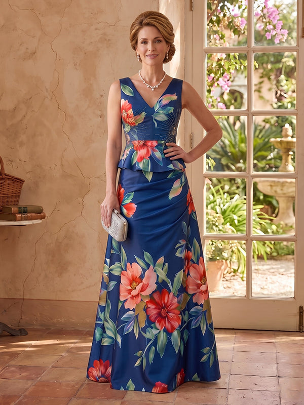 Jacquard Satin V Neck Sleeveless A Line Floor Length Mother of the Bride Dresses