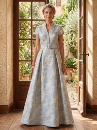 Jacquard Satin A Line Short Sleeves Collar Neck Mother of the Bride/Groom Dresses