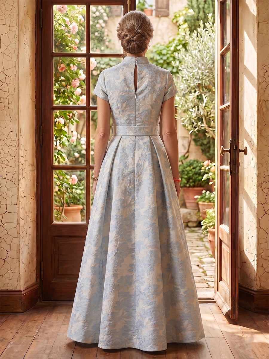 Jacquard Satin A Line Short Sleeves Collar Neck Mother of the Bride/Groom Dresses