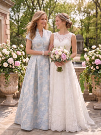 Jacquard Satin A Line Short Sleeves Collar Neck Mother of the Bride/Groom Dresses