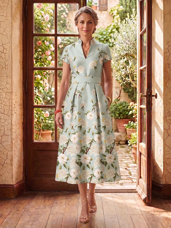 Jacquard Satin Collar Neck Tea Length Mother of the Bride/Groom Dresses