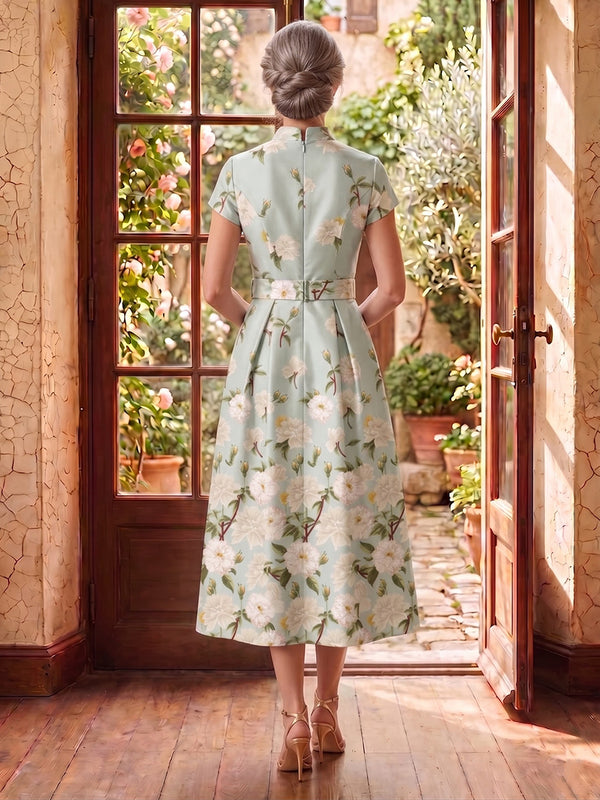 Jacquard Satin Collar Neck Tea Length Mother of the Bride/Groom Dresses