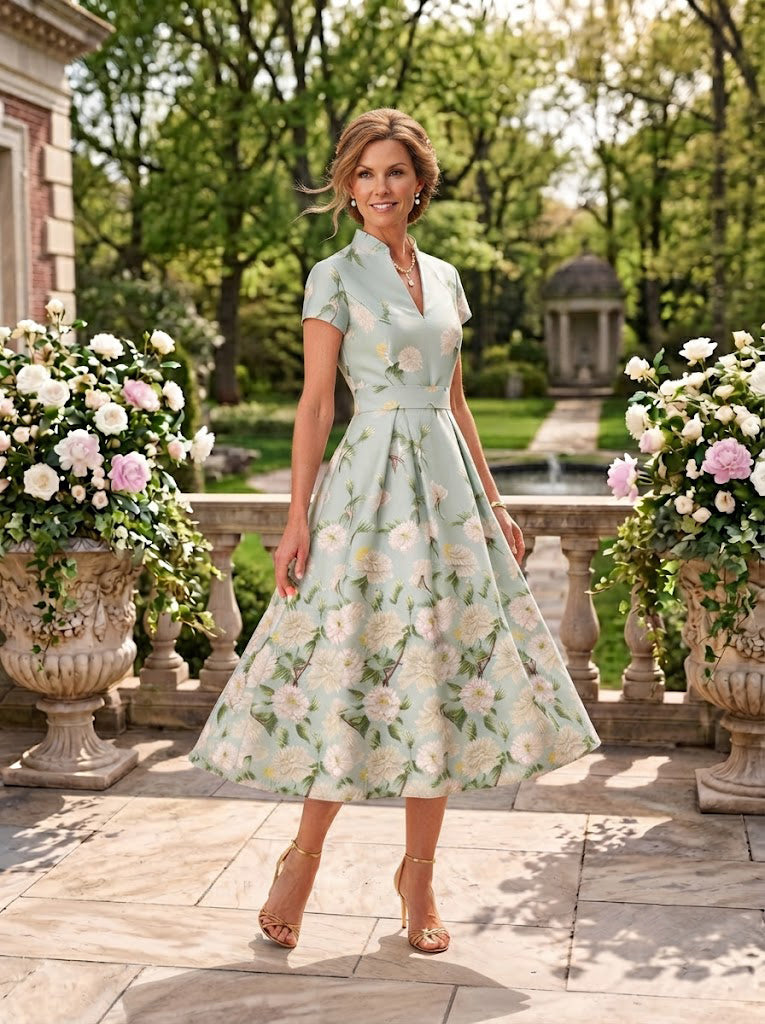 Jacquard Satin Collar Neck Tea Length Mother of the Bride/Groom Dresses