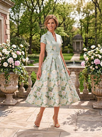 Jacquard Satin Collar Neck Tea Length Mother of the Bride/Groom Dresses