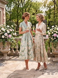 Jacquard Satin Collar Neck Tea Length Mother of the Bride/Groom Dresses