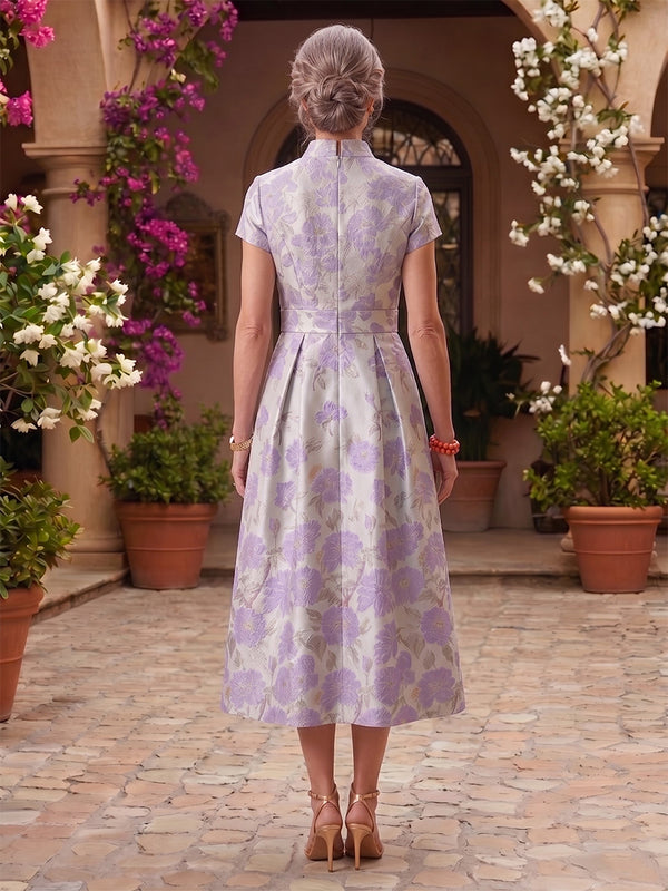 Collar Neck A Line Jacquard Satin Tea Length Mother of the Bride/Groom Dresses