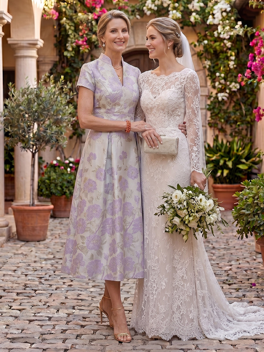Collar Neck A Line Jacquard Satin Tea Length Mother of the Bride/Groom Dresses