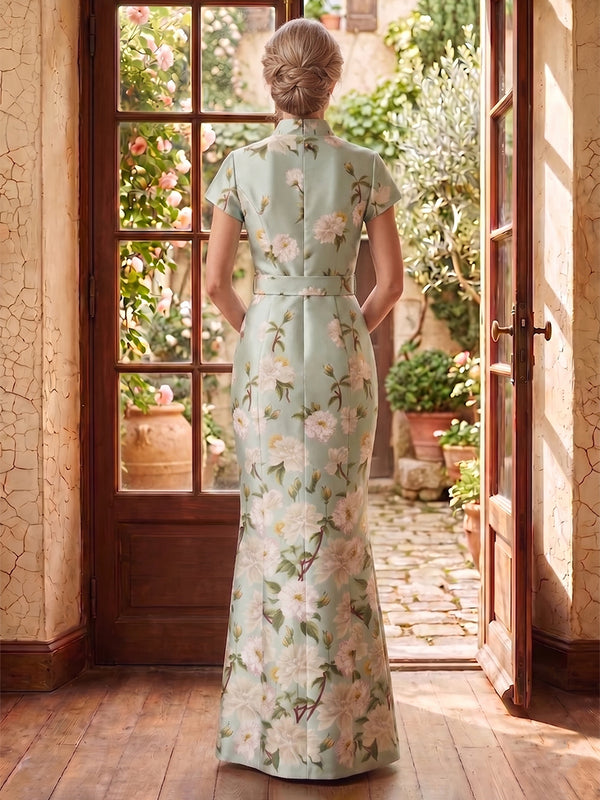 Collar Neck Mermaid Jacquard Satin Long Mother of the Bride/Groom Dresses