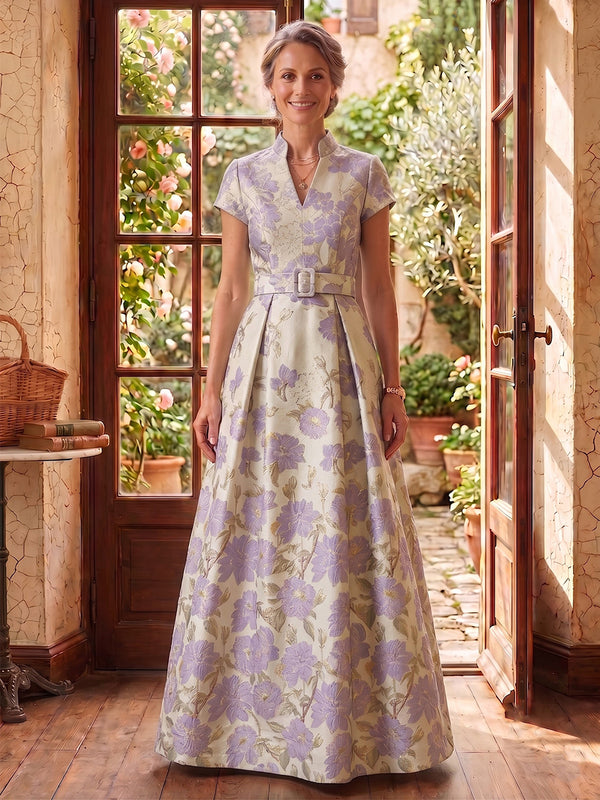 V Neck Mermaid Jacquard Satin A Line Mother of the Bride/Groom Dresses