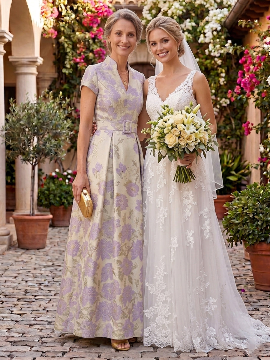 V Neck Mermaid Jacquard Satin A Line Mother of the Bride/Groom Dresses