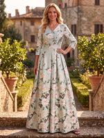 V Neck Jacquard Satin A Line 3/4 Sleeves Mother of the Bride/Groom Dresses