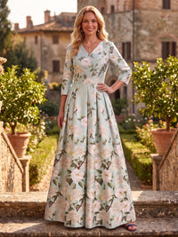 V Neck Jacquard Satin A Line 3/4 Sleeves Mother of the Bride/Groom Dresses