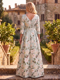 V Neck Jacquard Satin A Line 3/4 Sleeves Mother of the Bride/Groom Dresses
