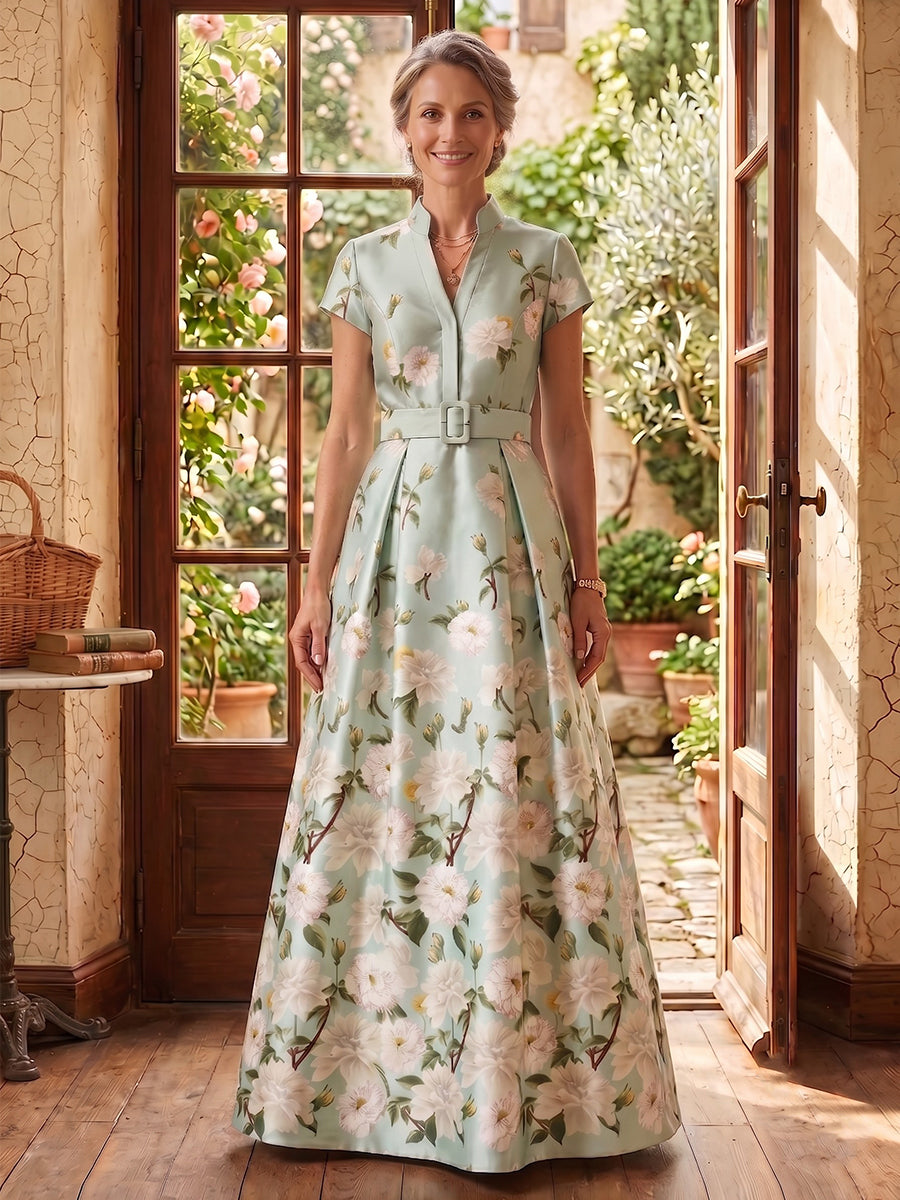 V Neck A Line Jacquard Satin Mother of the Bride/Groom Dresses
