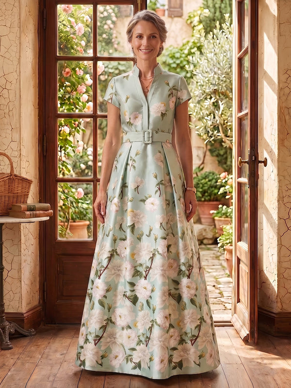 V Neck A Line Jacquard Satin Mother of the Bride/Groom Dresses