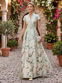 V Neck A Line Jacquard Satin Mother of the Bride/Groom Dresses