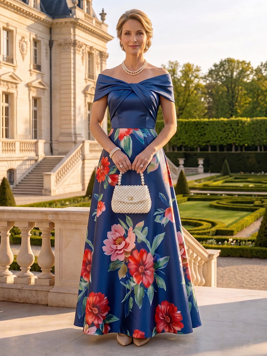 Jacquard Satin Off the Shoulder A Line Floor Length Mother of the Bride Dresses