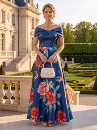 Jacquard Satin Off the Shoulder A Line Floor Length Mother of the Bride Dresses