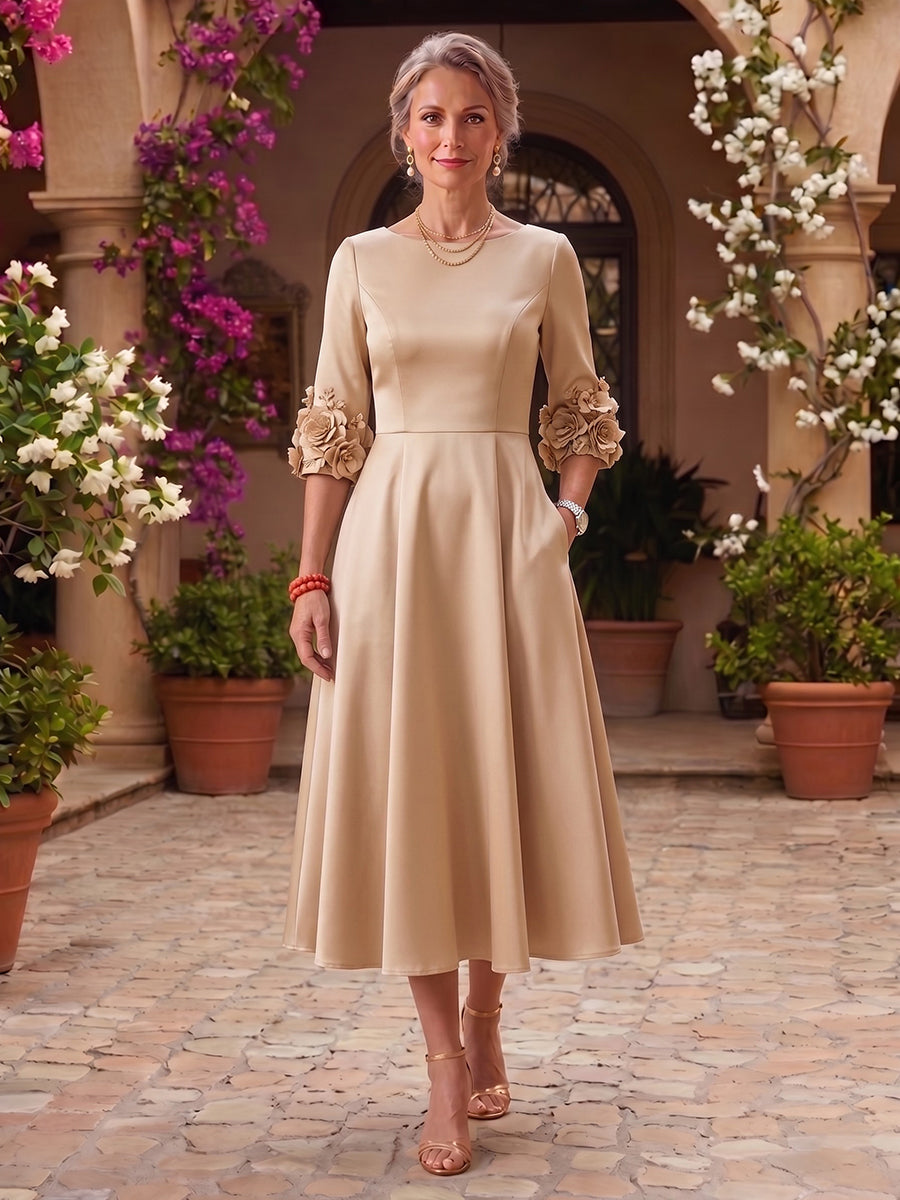 Round Neck A Line Satin Tea Length Mother of the Bride/Groom Dresses with Pockets