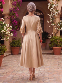 Round Neck A Line Satin Tea Length Mother of the Bride/Groom Dresses with Pockets