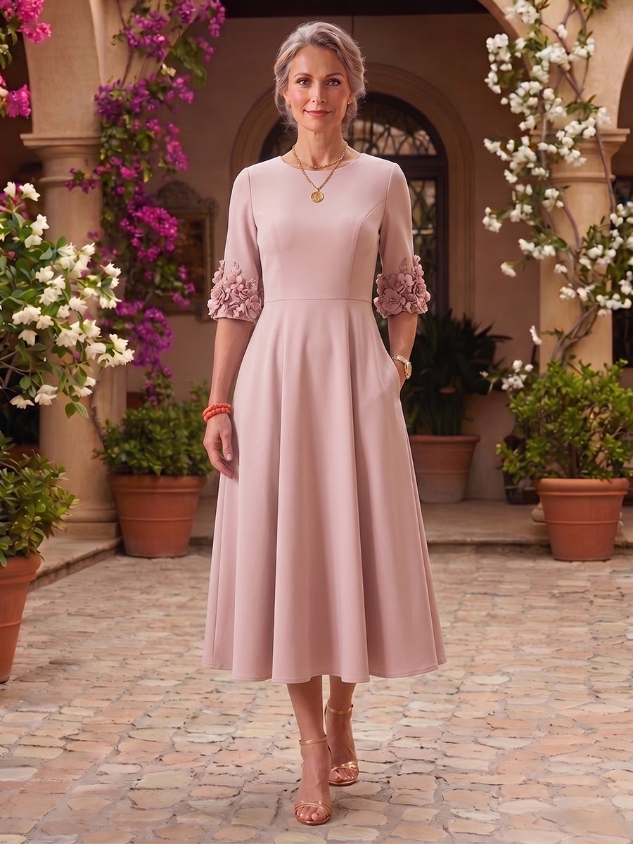 Round Neck A Line Satin Tea Length Mother of the Bride/Groom Dresses with Pockets