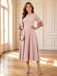 Round Neck A Line Satin Tea Length Mother of the Bride/Groom Dresses with Pockets