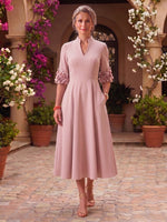 V Neck A Line Satin Tea Length Mother of the Bride/Groom Dresses with Pockets