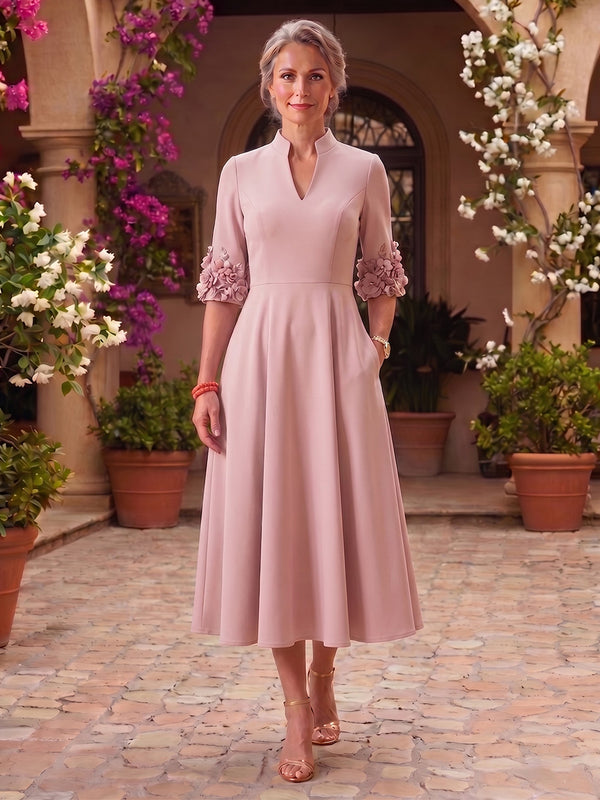 V Neck A Line Satin Tea Length Mother of the Bride/Groom Dresses with Pockets