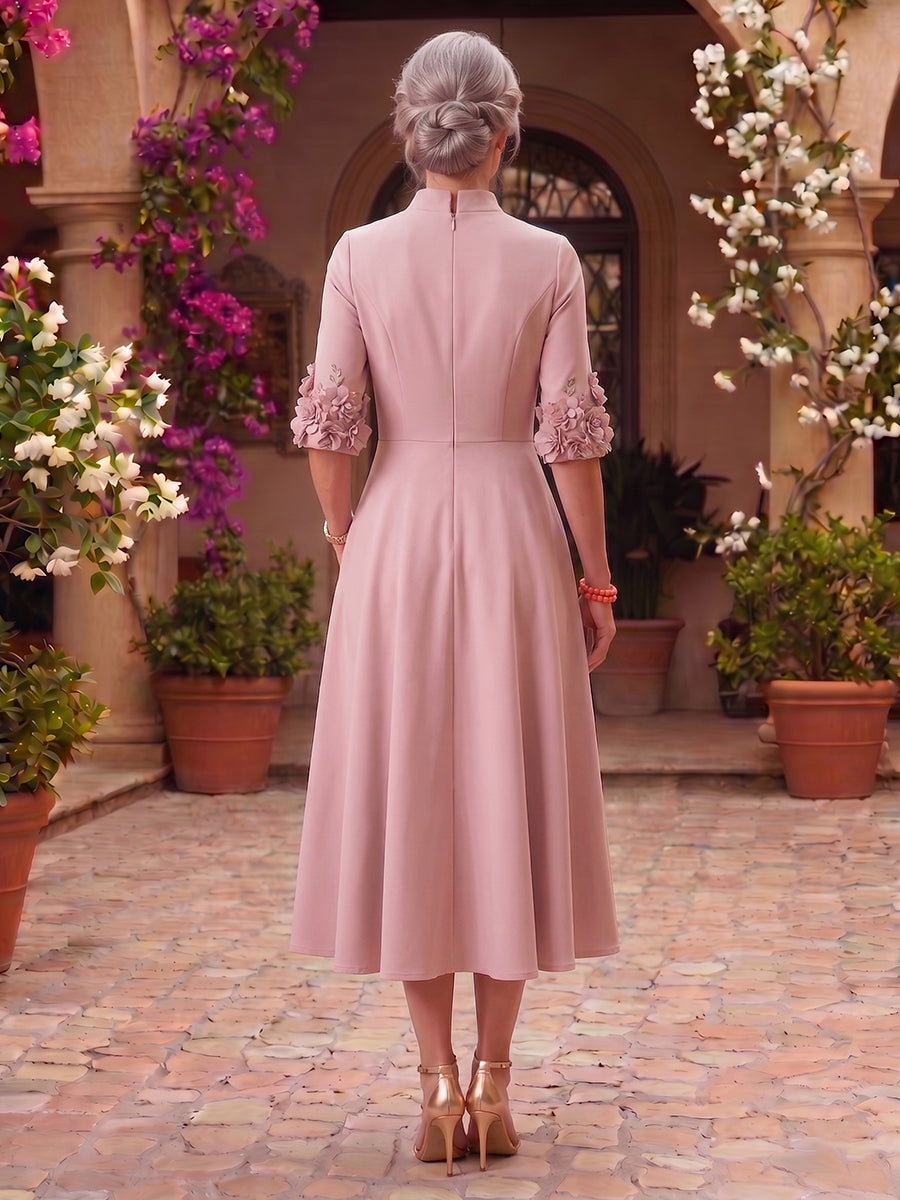 V Neck A Line Satin Tea Length Mother of the Bride/Groom Dresses with Pockets