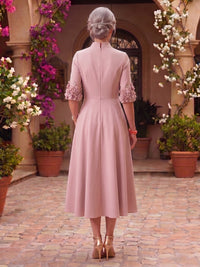 V Neck A Line Satin Tea Length Mother of the Bride/Groom Dresses with Pockets