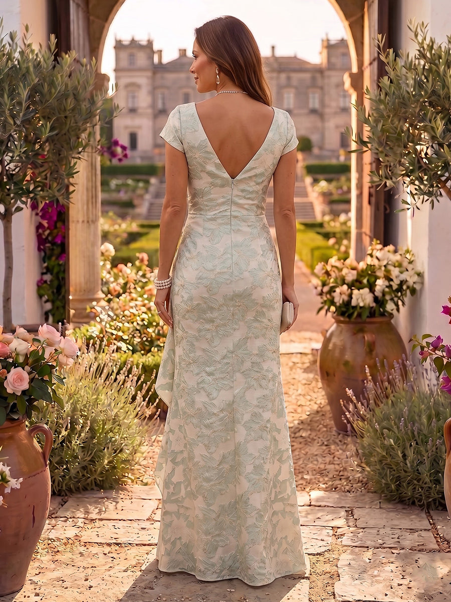 V Neck A Line Jacquard Satin Long Mother of the Bride/Groom Dresses with Slit