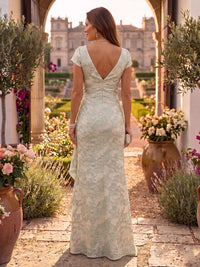 V Neck A Line Jacquard Satin Long Mother of the Bride/Groom Dresses with Slit