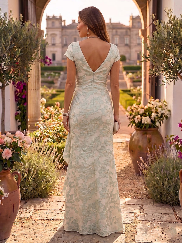 V Neck A Line Jacquard Satin Long Mother of the Bride/Groom Dresses with Slit
