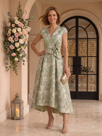 Jacquard Satin V Neck A Line Tea Length Mother of the Bride Dresses
